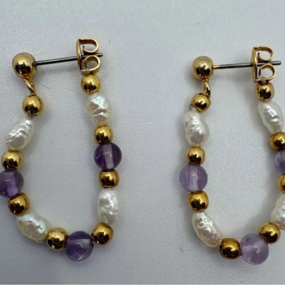 Boho Chic Gold Hoop Earrings with Amethyst & Pearls - Picture 5 of 7